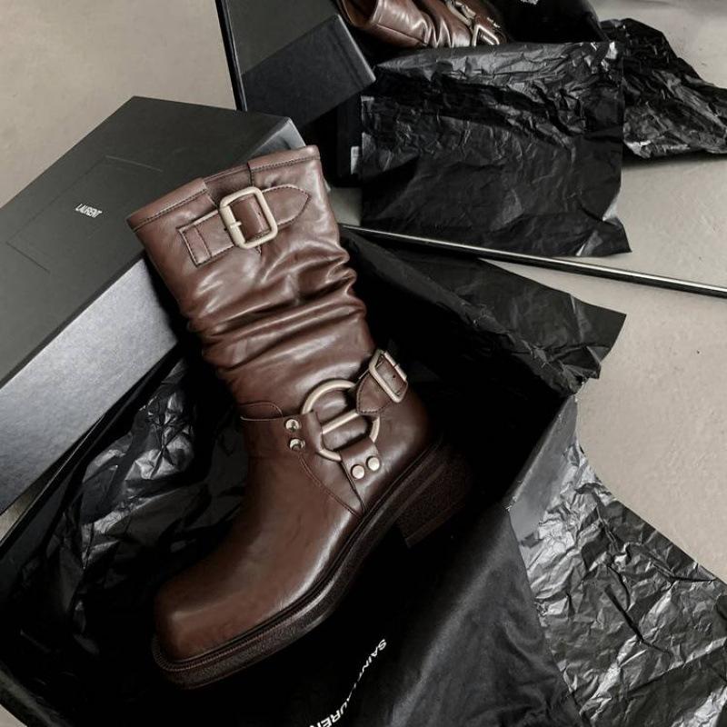 Autumn and winter medium heel large size women's boots solid color side zipper women's leather boots leather knight boots new cowhide low boots