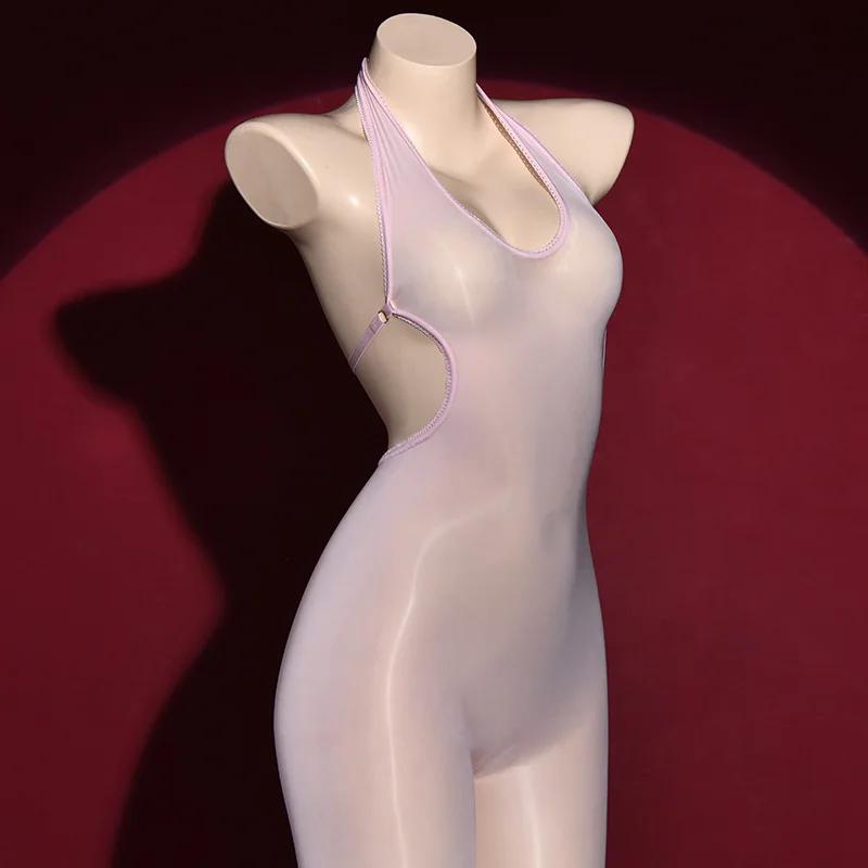 Women Sexy Jumpsuit V Neck Backless Oil Shiny Glossy Stockings Open Crotch Elastic Seamless Pantyhoses Transparent Bodystockings