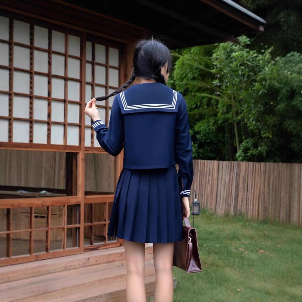 Navy Three-Piece Sailor-Style JK Uniform with Pleated Skirt Set