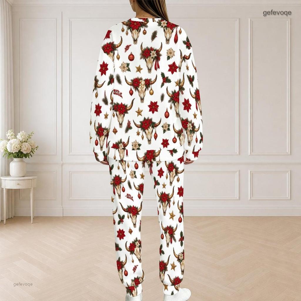 Women Plus Size Round Neck Long Sleeve Top And Long Pants Printed Two Piece Set