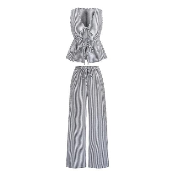 

Women s Striped 2 Piece Outfits Tie Front Ruffle Tank Top And Wide Leg Pants Sets Summer Casual Sleeveless Lounge L чёрный