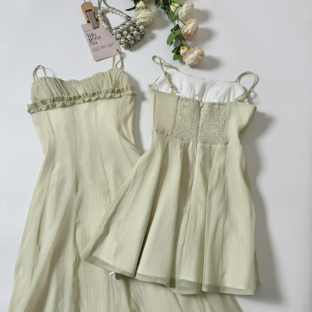 2025 Spring Slim Waist Long French Suspender Mesh Dress