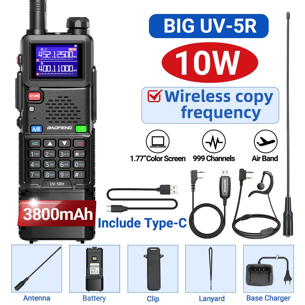 Baofeng UV-5RH 10W Air Band Walkie Talkie 3800mAh Wireless Copy Frequency Full Band NOAA Type-C Long Range Radio Upgraded UV-5R