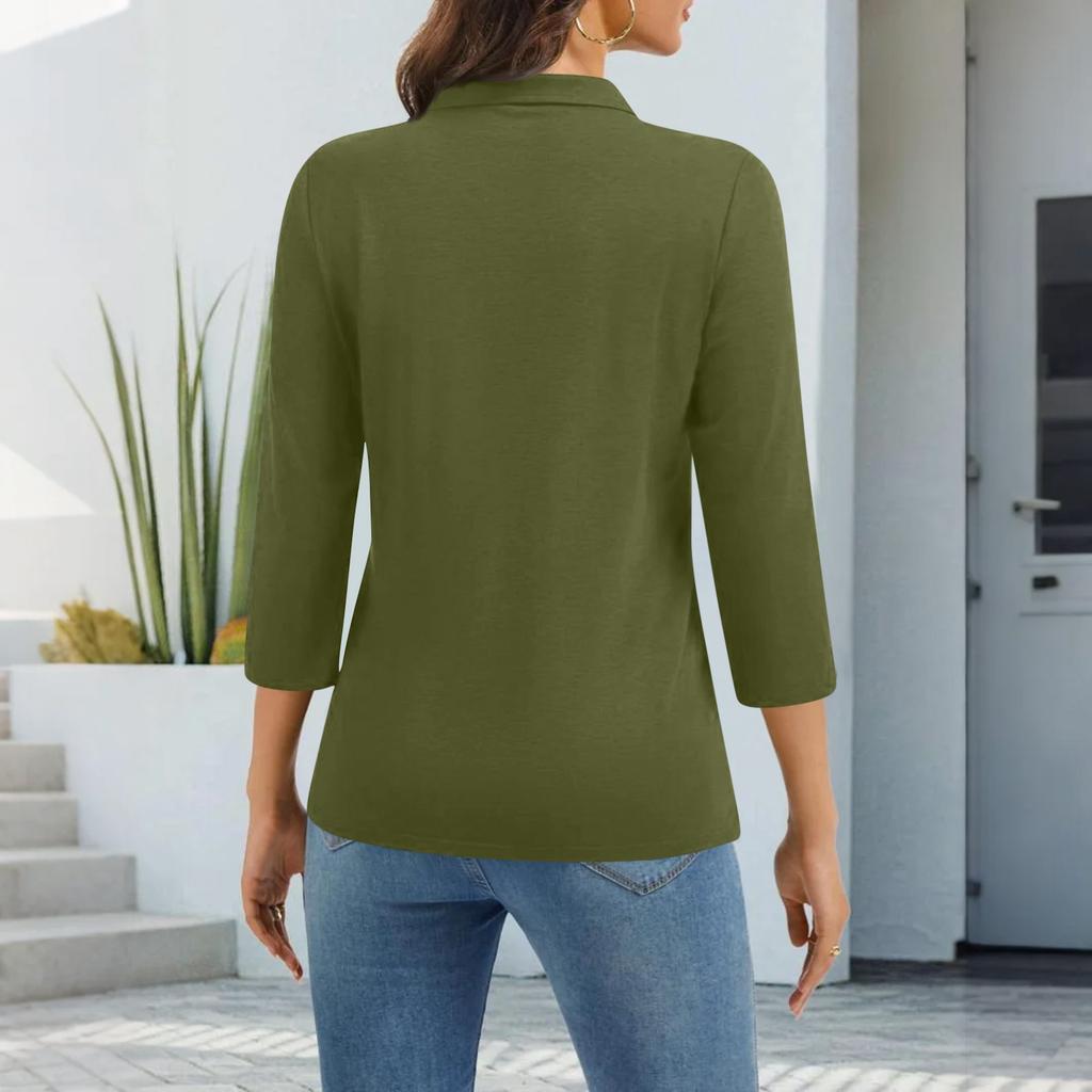 Women's Fashion Casual Lapel Short 3/4 Sleeve Solid Color Shirt Women's Button Up Tops