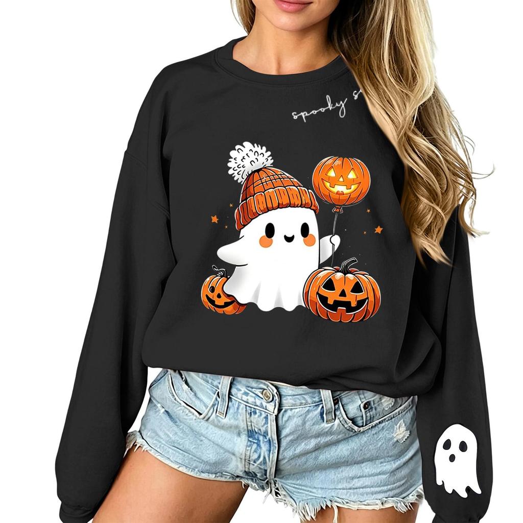 Unisex Halloween Print Long Sleeve Neck Sweatshirt, Lightweight Pullover Casual Top for Men and Women