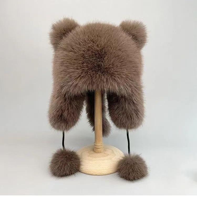 New winter thickened raccoon anti-wind and cold ear protection hat cute fox ears show face small children's Lei Feng hat