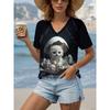 2025 Women's T-Shirt Kawaii Animal Graphic Fashion Short Sleeved V-Neck Regular Tops Daily Print Tee Summer Spring Casual Tops