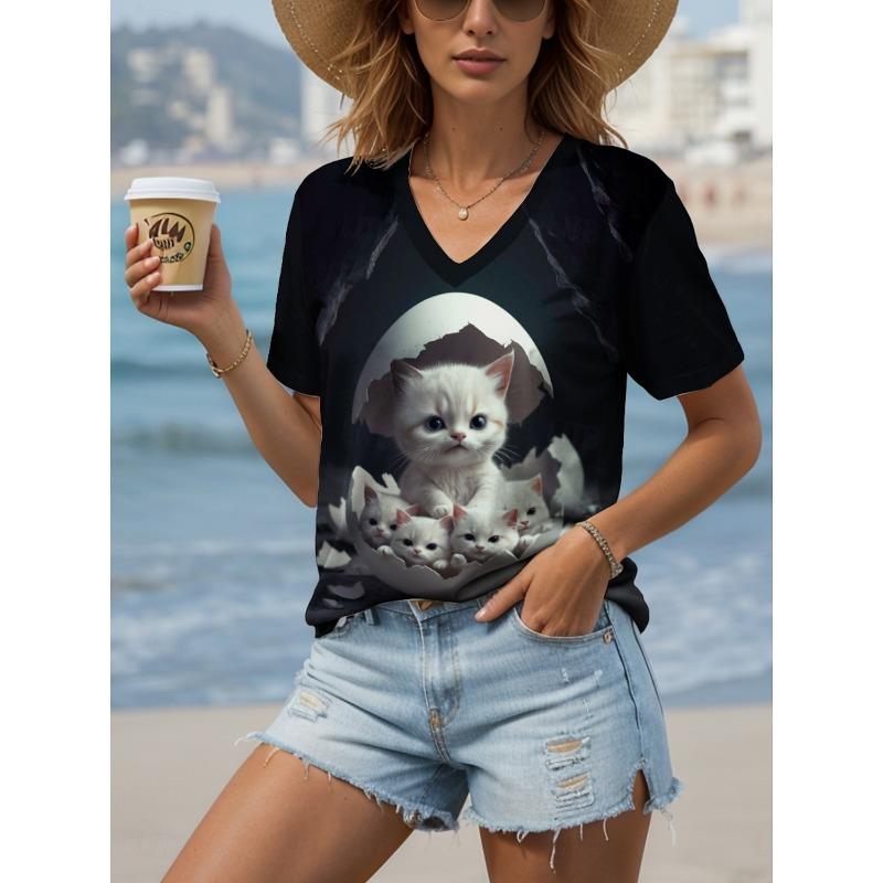 2025 Women's T-Shirt Kawaii Animal Graphic Fashion Short Sleeved V-Neck Regular Tops Daily Print Tee Summer Spring Casual Tops