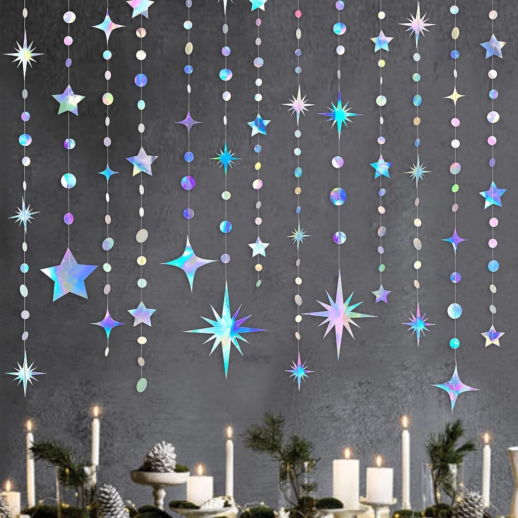 Iridescent Party Decorations Star Circle Dot Paper Garland Banner Bunting Streamer Metallic Hanging Twinkle Star Decoration for Kids Birthday Baby