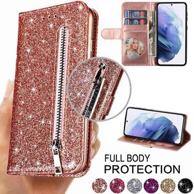 Carteira glitter com compartimentos para cartões capa de couro flip para Samsung Galaxy Xiaomi Redmi iPhone Huawei Honor Google One Plus LG Case