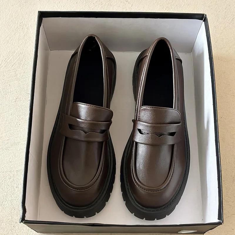 Lucyever Black Pu Leather Platform Loafers for Women Preppy Style Slip On Student Shoes Woman Thick Bottom Single Shoes Size 43