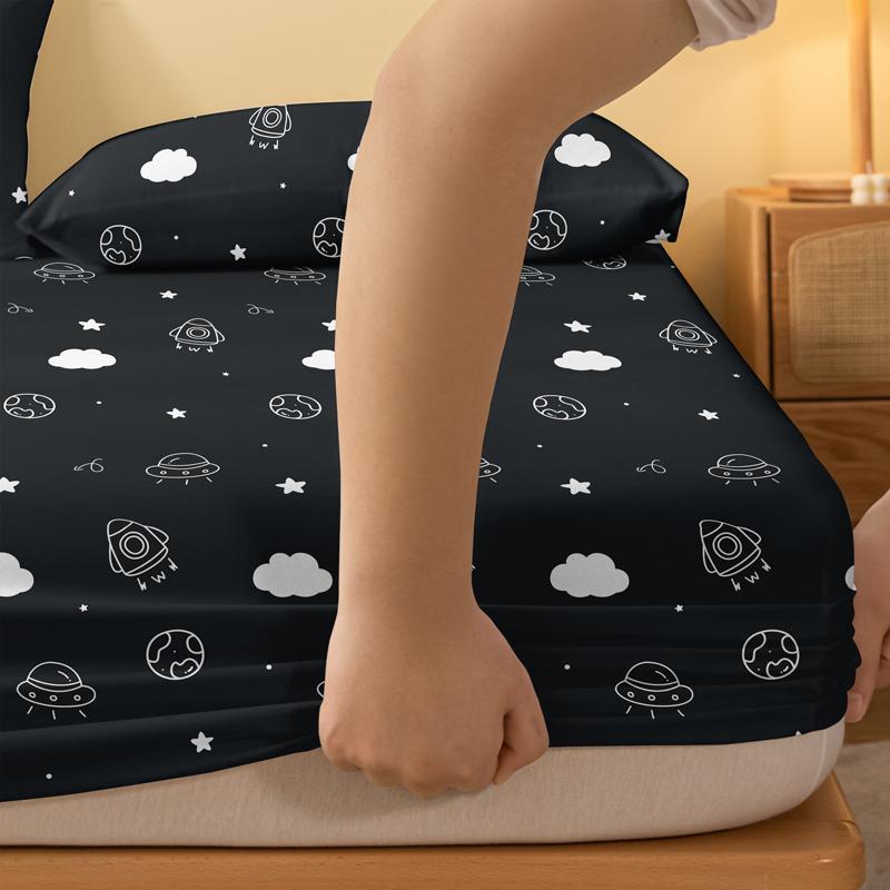 Cartoon 1 Fun Rocket Printed Matte Fitted Sheet, Bedroom Printed Bed Cover, Bedding Excluding Pillowcases