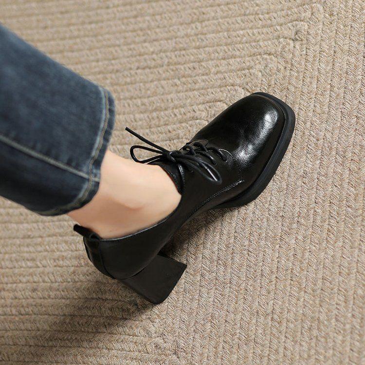 Women's Soft Leather Round Toe Chunky Heel Lace-Up Shoes, British Style, Spring/Autumn 2025