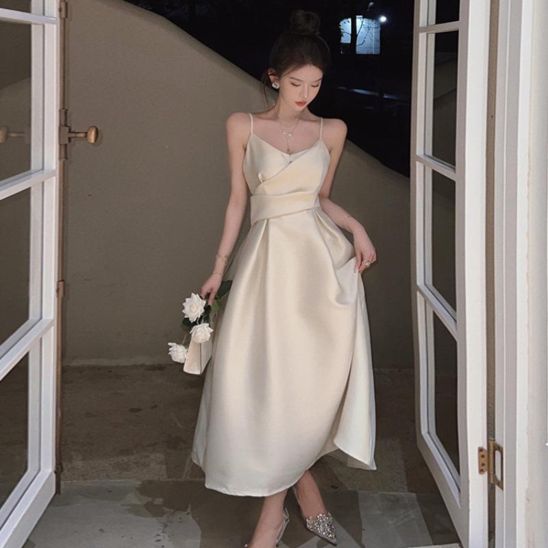 Glossy Suspender Dress Women's Autumn Sleeveless Waist Slim Design High-end Long Skirt Dress Skirt