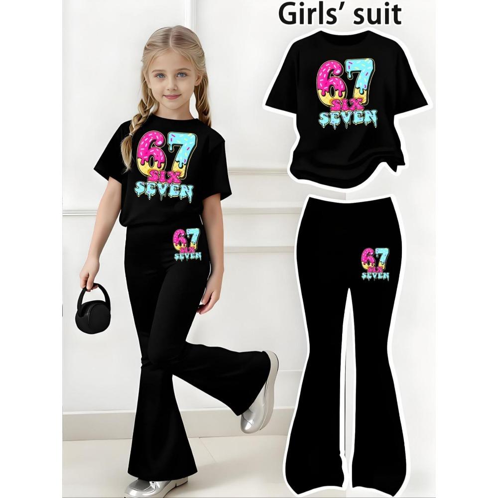 

Girls Set 2026 New Cool Ice Cream 67 Print 2-piece Set for Girls Casual Sports Short Sleeved Bell Bottom Pants Set 160 чорний