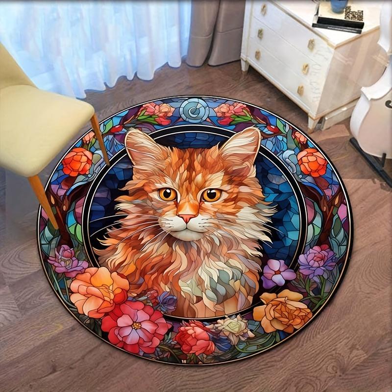 

Stained Glass Cat Round Rug Floral Animal Print Living Room Decor Pet Lover Gift Soft Floor Mat Crystal Velvet Carpet 60cm