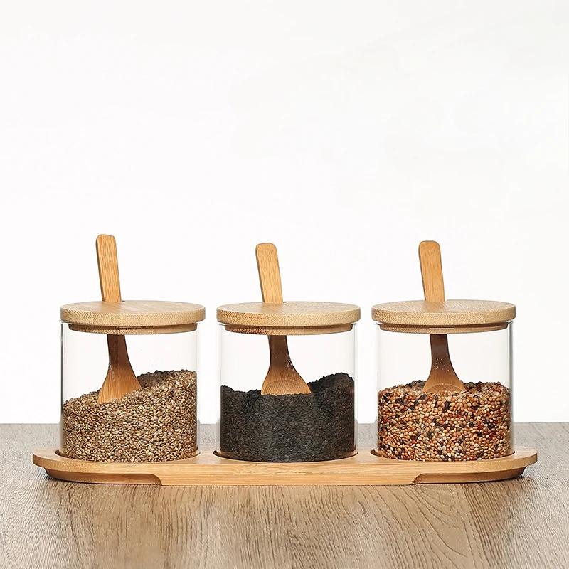 Küchenglas Gewürzbehälter Set Holzdeckel mit Tablett Löffel Klar Gewürz Salz Behälter Staubdicht Kaffeebohnen Organizer Flasche