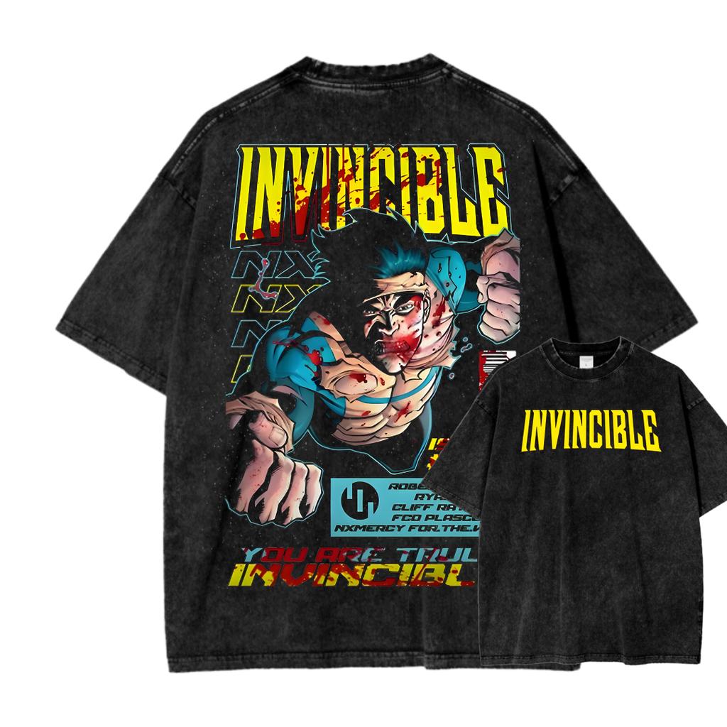 Invincible Washed T-Shirt, Unique Style Clothing, Street Trendy, Fashionable High-Quality Breathable