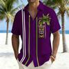 Men's color-blocked striped short-sleeved shirt, Hawaiian-style totem coconut tree print casual vacation top, Hawaiian shirt