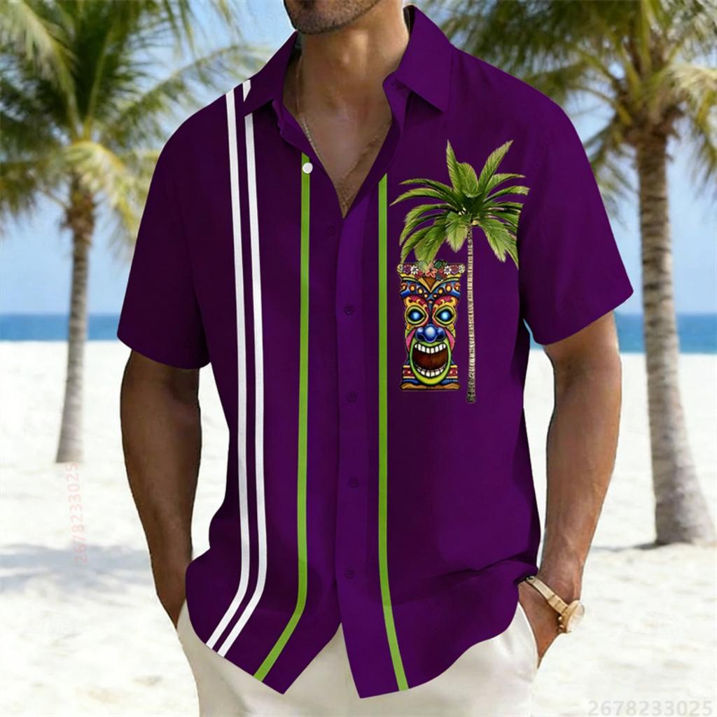 Men's color-blocked striped short-sleeved shirt, Hawaiian-style totem coconut tree print casual vacation top, Hawaiian shirt