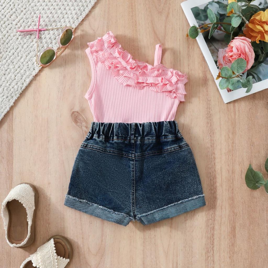 Girls Asymmetric Ruffle Cami + Printed Denim Shorts Two-Piece Set