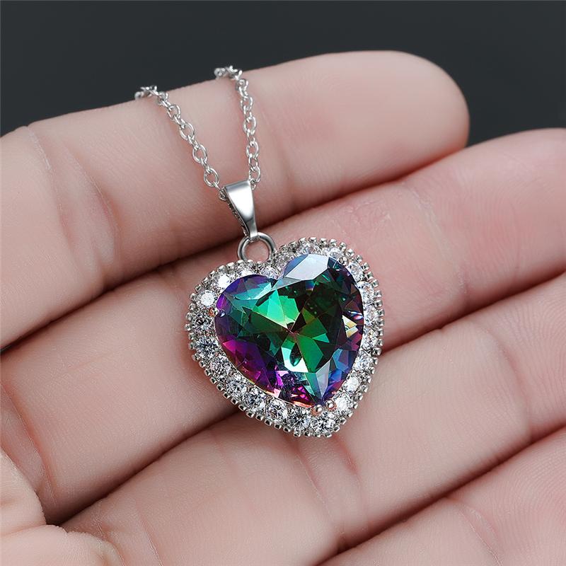 Rainbow Cubic Zirconia Heart Pendant Necklace Heart Stone Silver Clavicle Chain For Women Anniversary Jewelry
