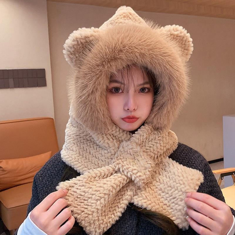 Bear Ears Hat Bunny Ear Hat Cute Winter Hat Bear Scarf Plush Hat Bear Costume Bear Hood For Kids Women Young People Elderly