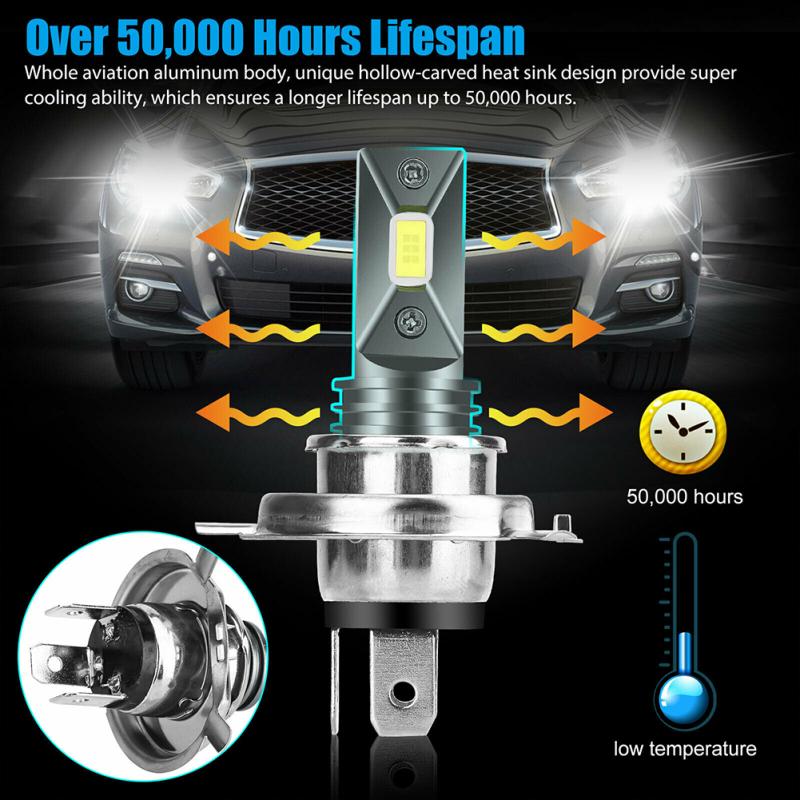 2 Pcs H4 9003 Hb2 Car Led Headlight Kit High And Low Beam Fog Light Bulbs 6000k Xenon Ultra-white