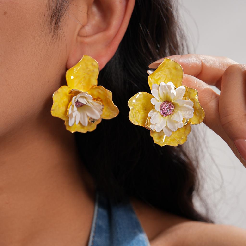Colorful Drip Oil Fabric Flower Stud Earrings for Women Girls Vintage Exaggerated Drop Earring Vacation Jewelry Accessory