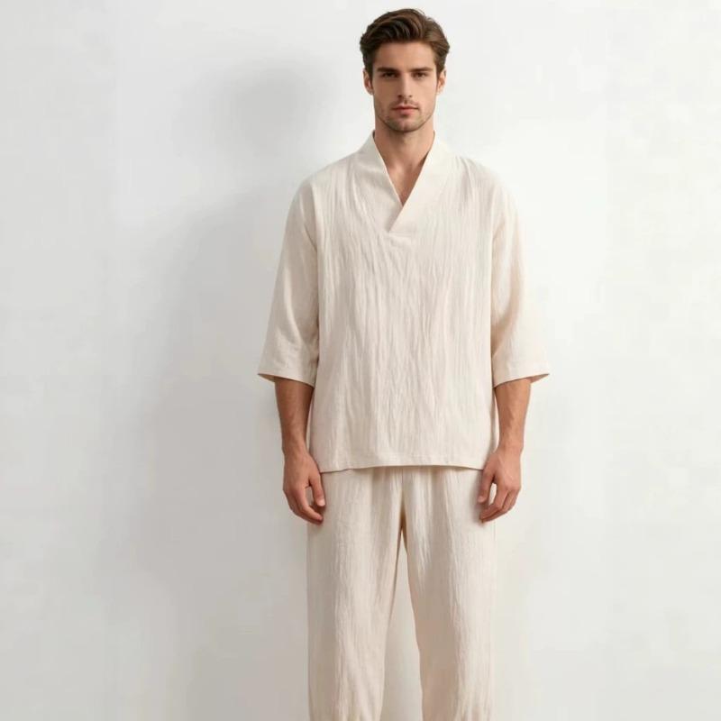 Mens Chinese Style Loose Cotton Linen Two Piece Set V Neck T Shirt Long Pants