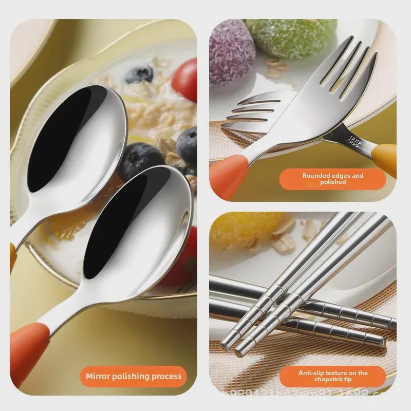 Carrot-Themed Silicone & 304 Stainless Steel Kids' Tableware Set: Spoon, Fork, and Chopsticks for Baby Food
