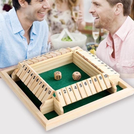 Shut The Box Board Game 4 Players Wooden Table Math Game Kids Adults Family Night Party Educational 4-Side 10 Number Dice Classic Tabletop Game