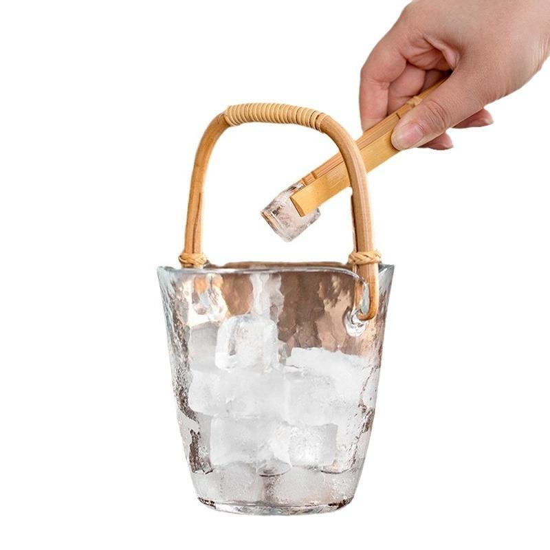 Glass ice bucket, stainless steel handle with ice clip hexagonal ice cube bucket