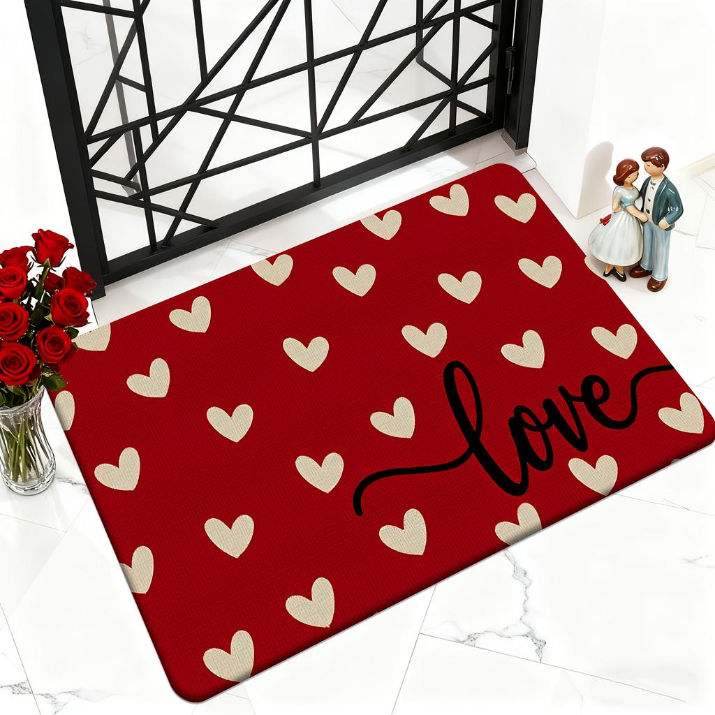 Valentine's Day doormat, red background with beige love pattern.