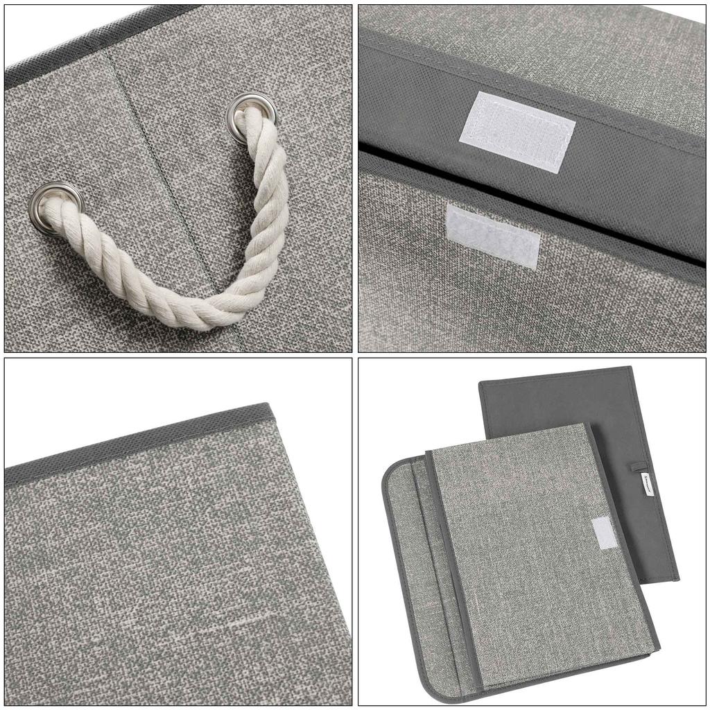 SONGMICS Storage Boxes with Lid, Set of 3 Fabric Storage Boxes and Organiser Bins with Cotton Handles, Linen Pattern, Grey