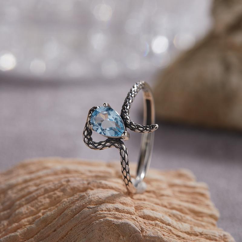 S925 Natural Colored Treasure Retro Thai Silver Ring, Male And Female Couples Ring, Spirit Snake Index Finger Ring, Niche Light Luxury Does Not Fade