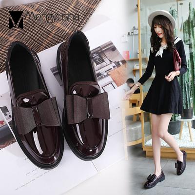 Fashion Butterfly-Knot Small Leather Shoes Women Preppy Style Flats Moccasins Slip On Thick Heels Shiny Oxfords Japanned Leather Loafers