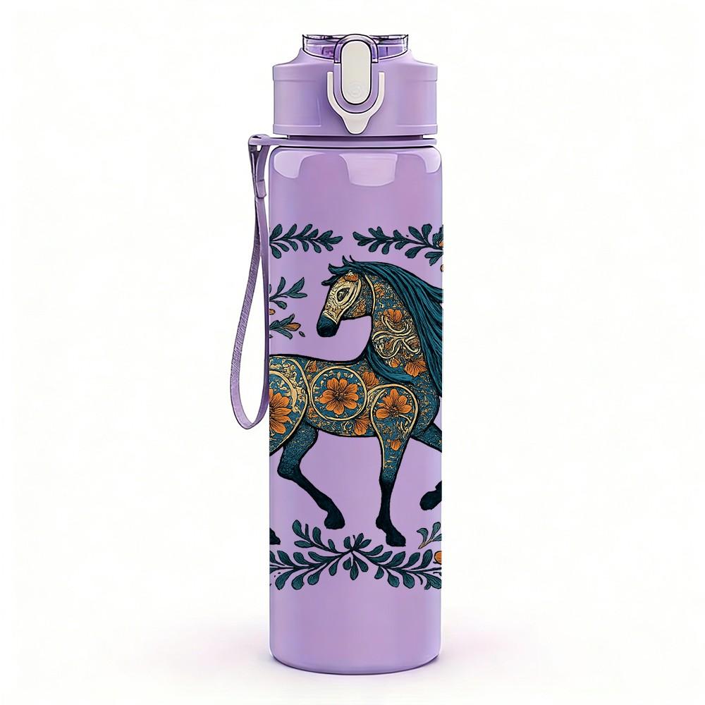 1PC Geometric Dark Horse Print 750ml Color Plastic Sports Water Bottle Leakproof Flip Straw Lid Suitable for Sports Office Home Use