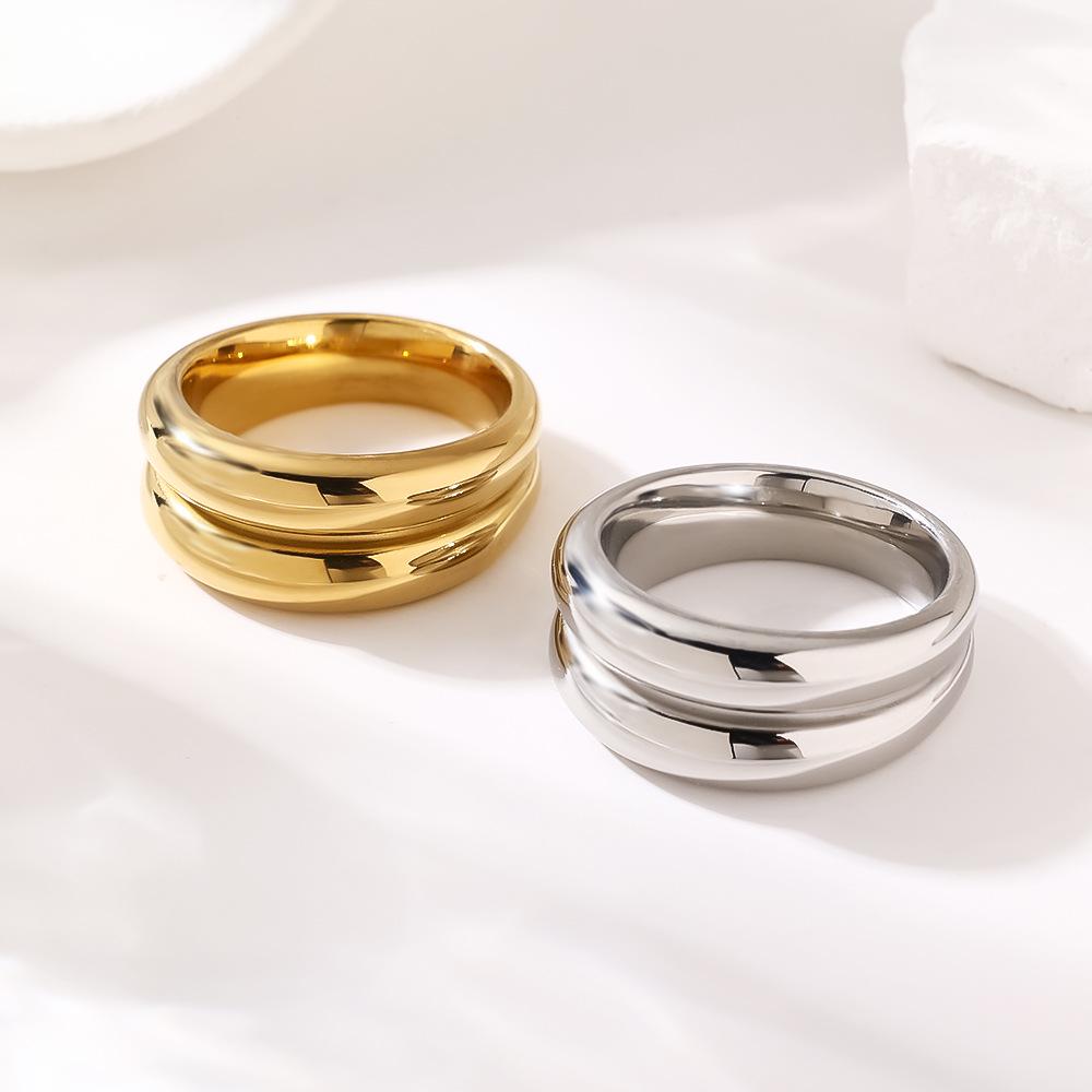 European & American 18K Wide Band Double Layer Textured Stainless Steel Ring for Women