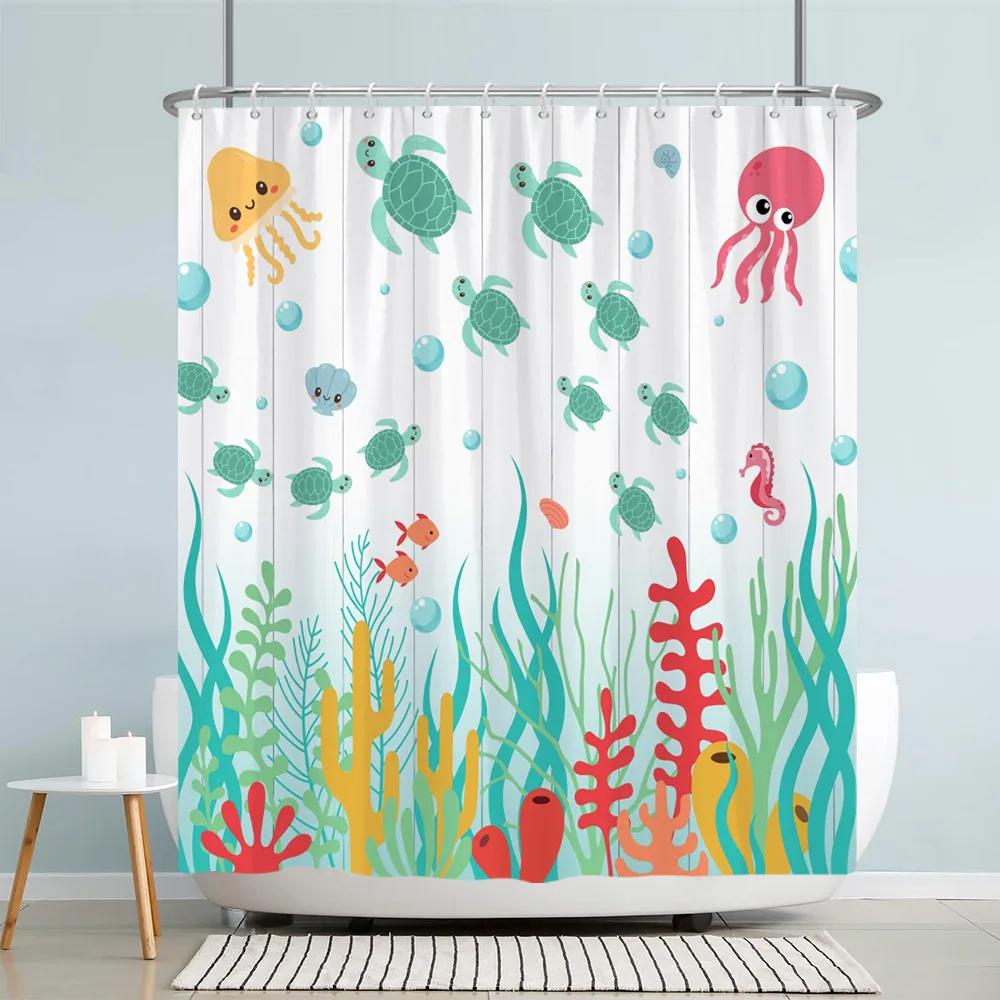 Ocean Starfish Shower Curtain Underwater Seahorse Coral Sea Turtle Shell Nautical Theme polyester Shower Curtains Bathroom Decor