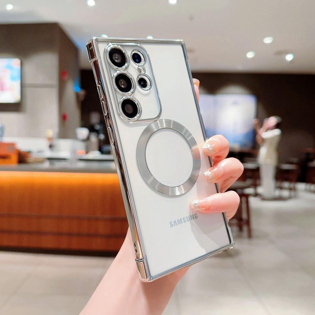 Electroplated transparent magnetic mobile phone case Samsung S23U mobile phone case S24U/S23FE fashion female S21