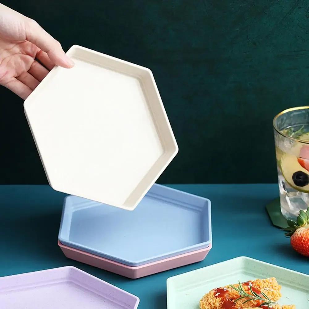Multifunctional Fruit Plate Tableware Dishes Thicken Wheat Straw Hexagon Tray Dessert Plates Home Candy Color Dishes