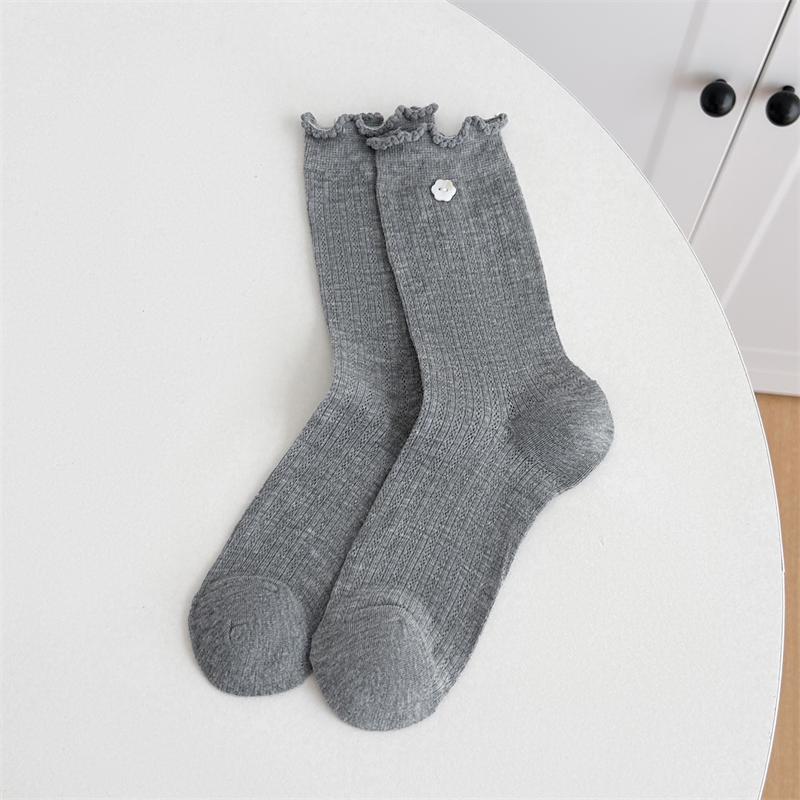 Women's Summer Thin Floral Button Cotton Mesh Breathable Medium Tube Stack Socks