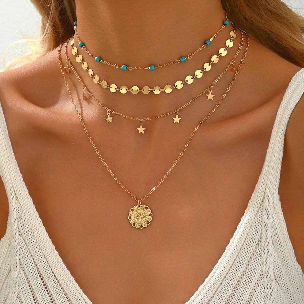 European & American Geometric Tassel Necklace: Multi-layered Alloy Round Pendant