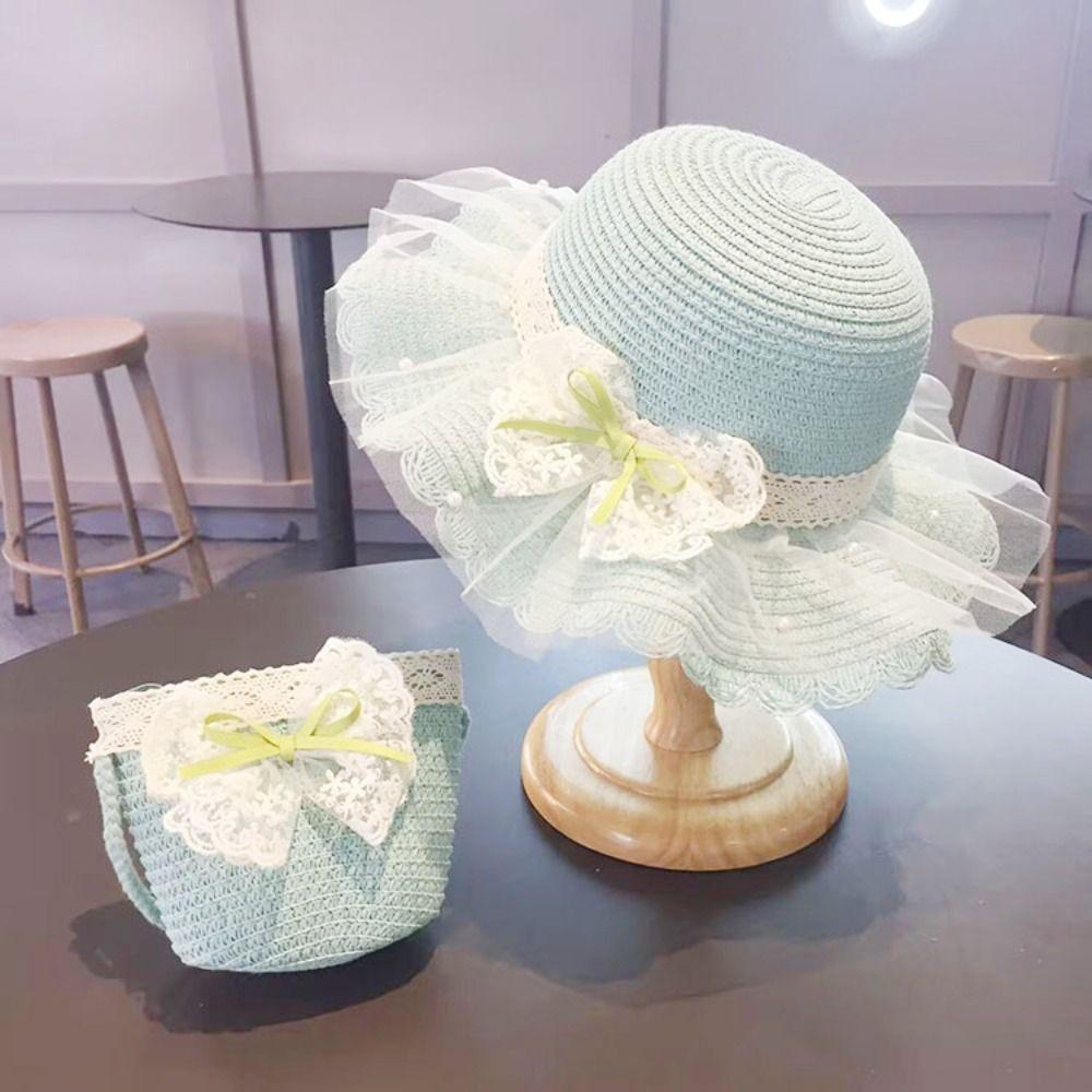 Wide Brim Children Straw Hat Lace Beach Bucket Cap New Beach Sun Hats  Beach