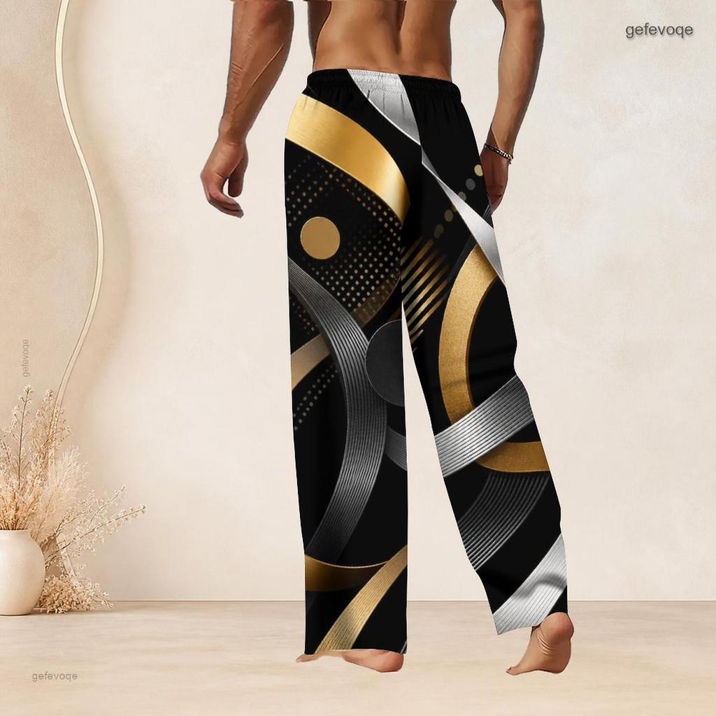 Men S Plus Size Drawstring Waist Geometric Printed Black Gold Silver Straight Leg Full Length Beach Pants