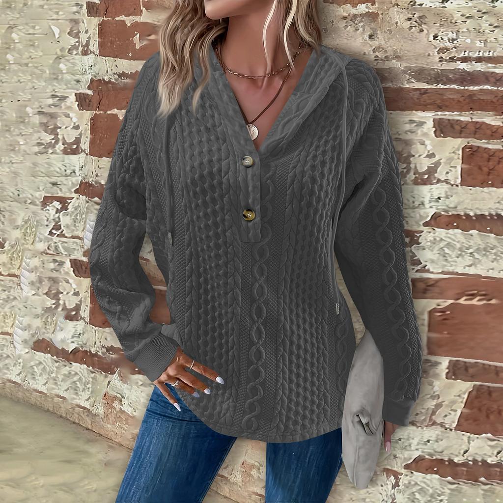 Women's Fashion Long Sleeve Drawstring Hooded Button V-Neck Casual Hooded Sweatshirt Top