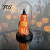 Halloween Window Display Pumpkin Skeleton Cloche Lamp, Lighted Stacking Skull In Clear Figurine Dome with Witch Hat for Tabletop Mantel, Party