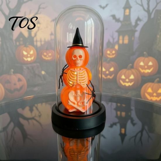 Halloween Window Display Pumpkin Skeleton Cloche Lamp, Lighted Stacking Skull In Clear Figurine Dome with Witch Hat for Tabletop Mantel, Party
