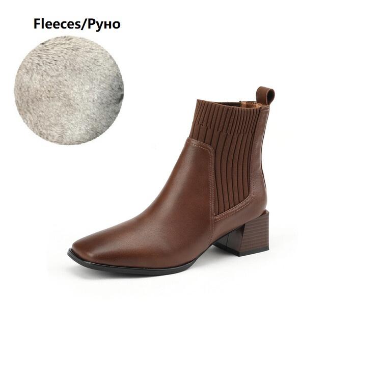 Fashion NEW Ankle Boots for Women Genuine Leather Square Toe Chunky Heel Shoes Winter Modern Boots Concise Vintage Knitting Short Boots